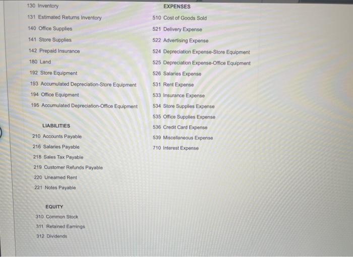 Retums Inventory 140 Office Supplies 141 Store Supplies 142 Prepaid Insurance 180