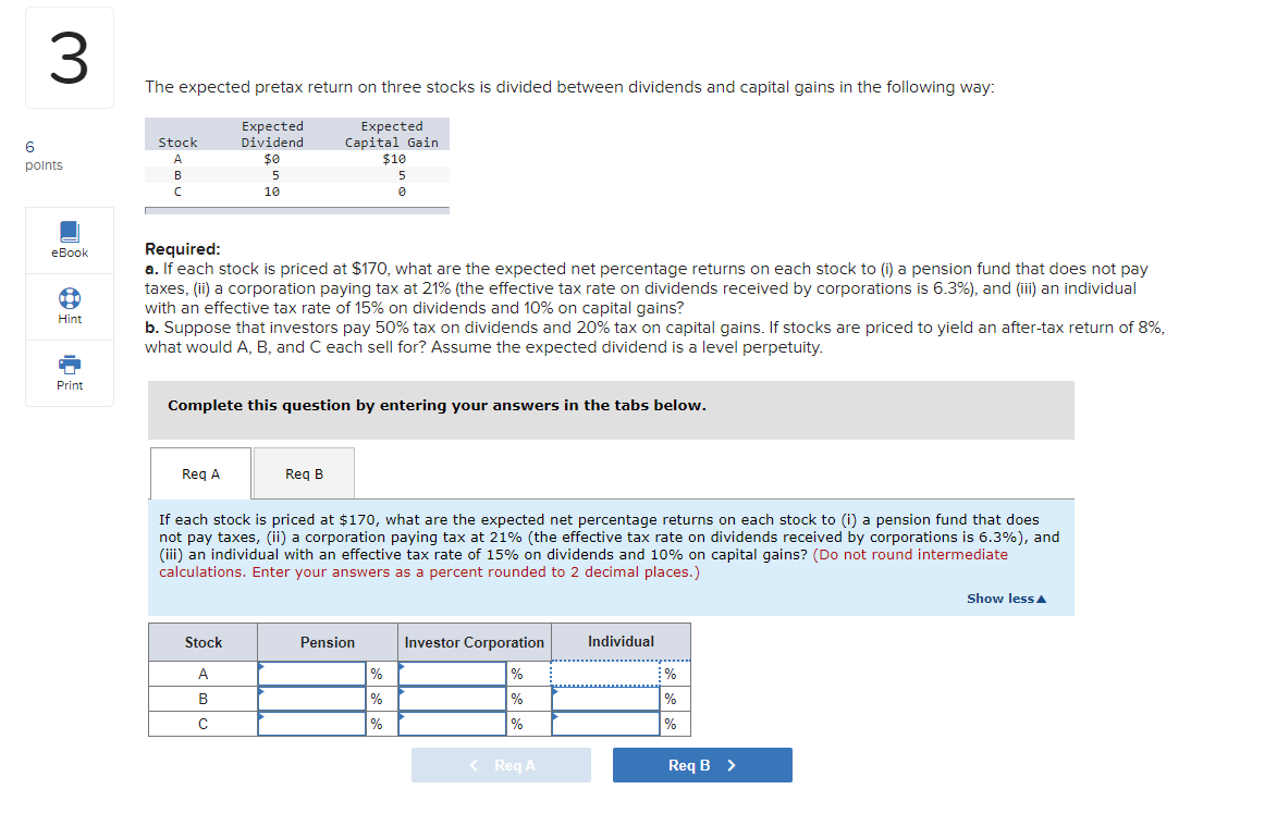  The expected pretax return on three stocks is divided between dividends