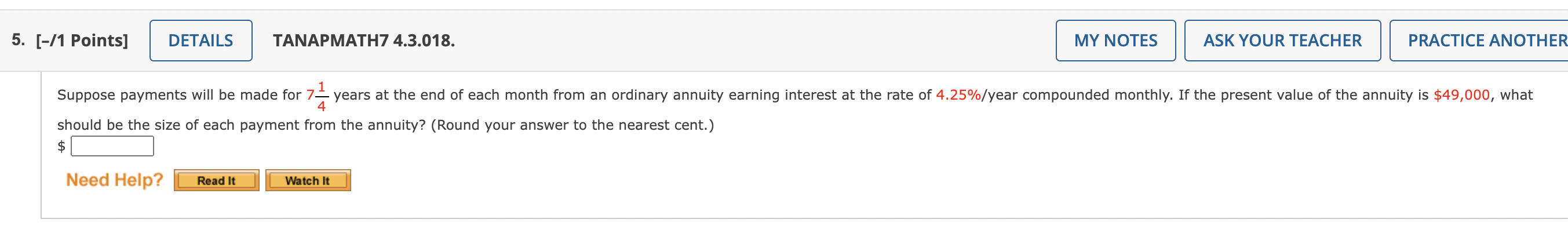  5. [-/1 Points] DETAILS TANAPMATH7 4.3.018. MY NOTES ASK YOUR TEACHER