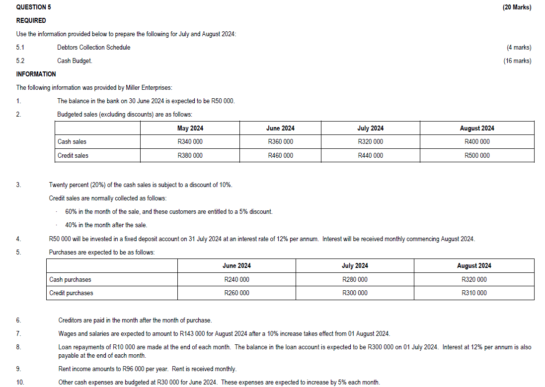 QUESTION 5 (20 Marks) REQUIRED Use the information provided below to