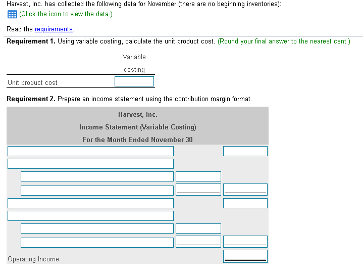 Direct materials Direct labor Variable manufacturing overhead Fixed manufacturing overhead Variable selling