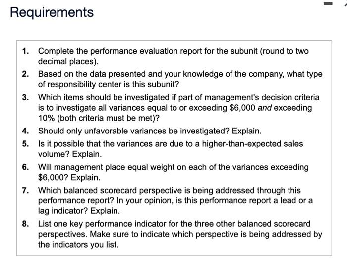  Requirements 1. Complete the performance evaluation report for the subunit (round