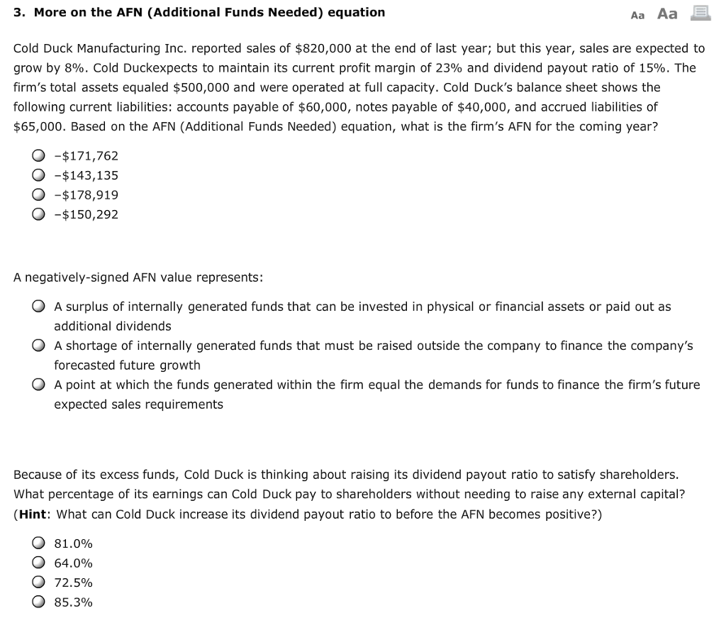 3. More on the AFN (Additional Funds Needed) equation Aa Aa