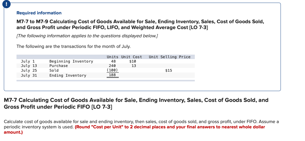 What am I doing wrong? Required information M7-7 to M7-9 Calculating Cost
