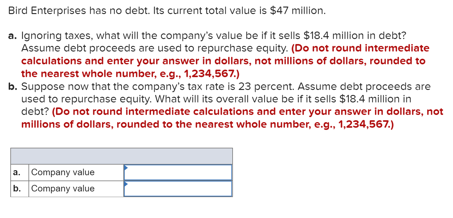  Bird Enterprises has no debt. Its current total value is $47