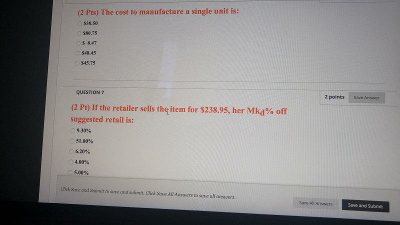 1. (2 Pts) Given this, calculate the Markdown percentage (%) taken on