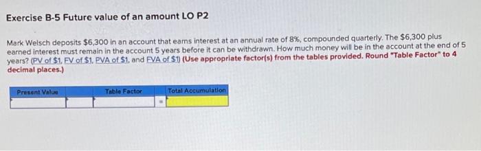  Exercise B-5 Future value of an amount LO P2 Mark Welsch