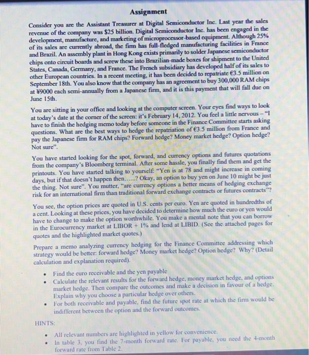  Assignment Consider you are the Assistant Treasurer at Digital Semiconductor Ine.