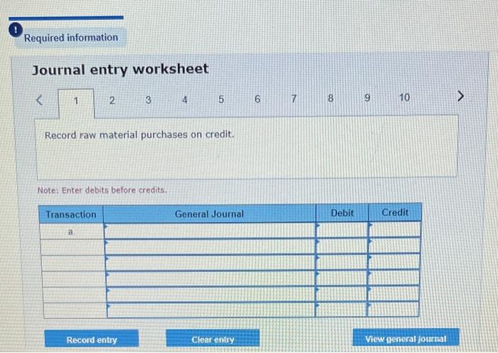 0. Purchased raw materials on credit, $220,000. b. Materials requisitions record use