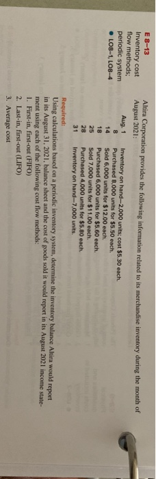  E 8-13 Inventory cost flow methods: periodic system LO8-1, LO8-4 Altira