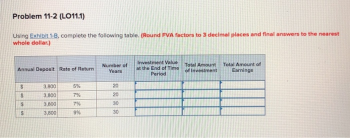  Problem 11-2 (LO11.1) Using Exhibit 1-B, complete the following table. (Round