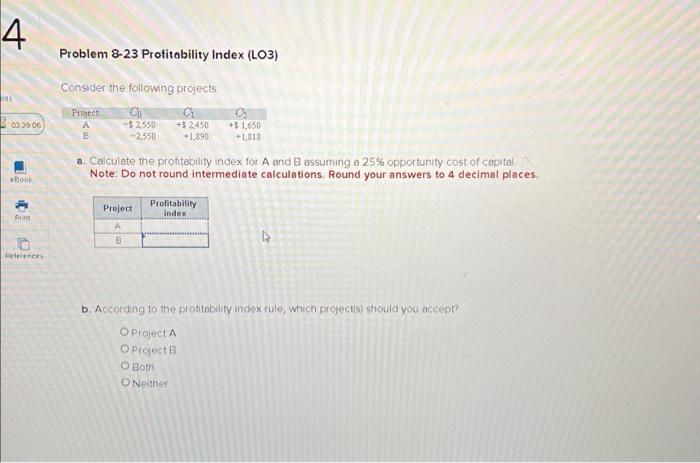 Co -$ 2,550 -2,550 a. Calculate the profitability index for A and