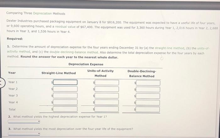 answer this quick please. Comparing Three Depreciation Methods Dexter Industries purchased packaging