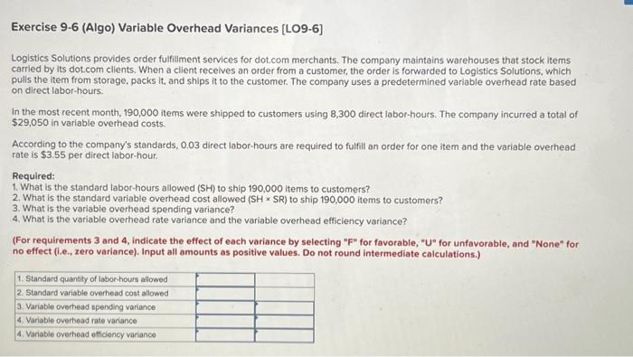  Exercise 9-6 (Algo) Variable Overhead Variances [LO9-6] Logistics Solutions provides order