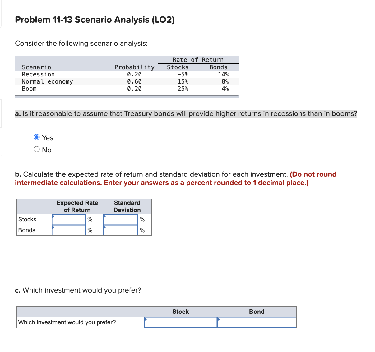  Problem 11-13 Scenario Analysis (LO2) Consider the following scenario analysis: a.