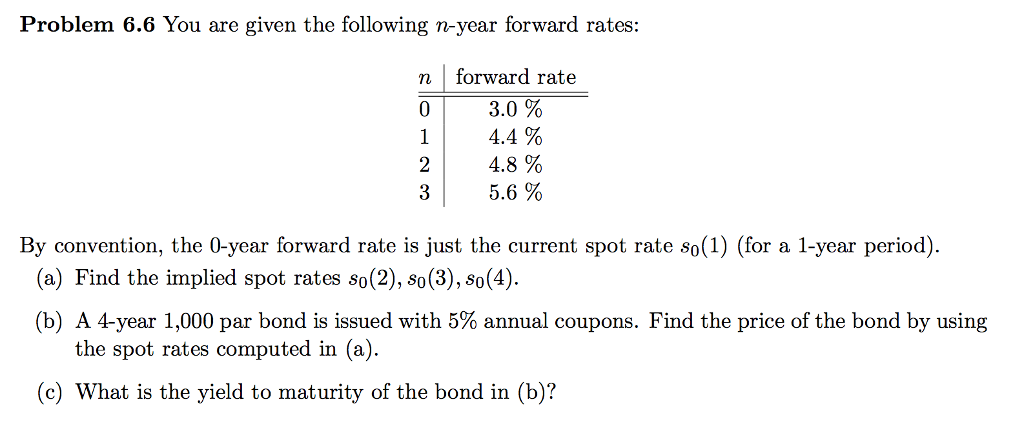 Problem 6.6 You are given the following n-year forward rates: n