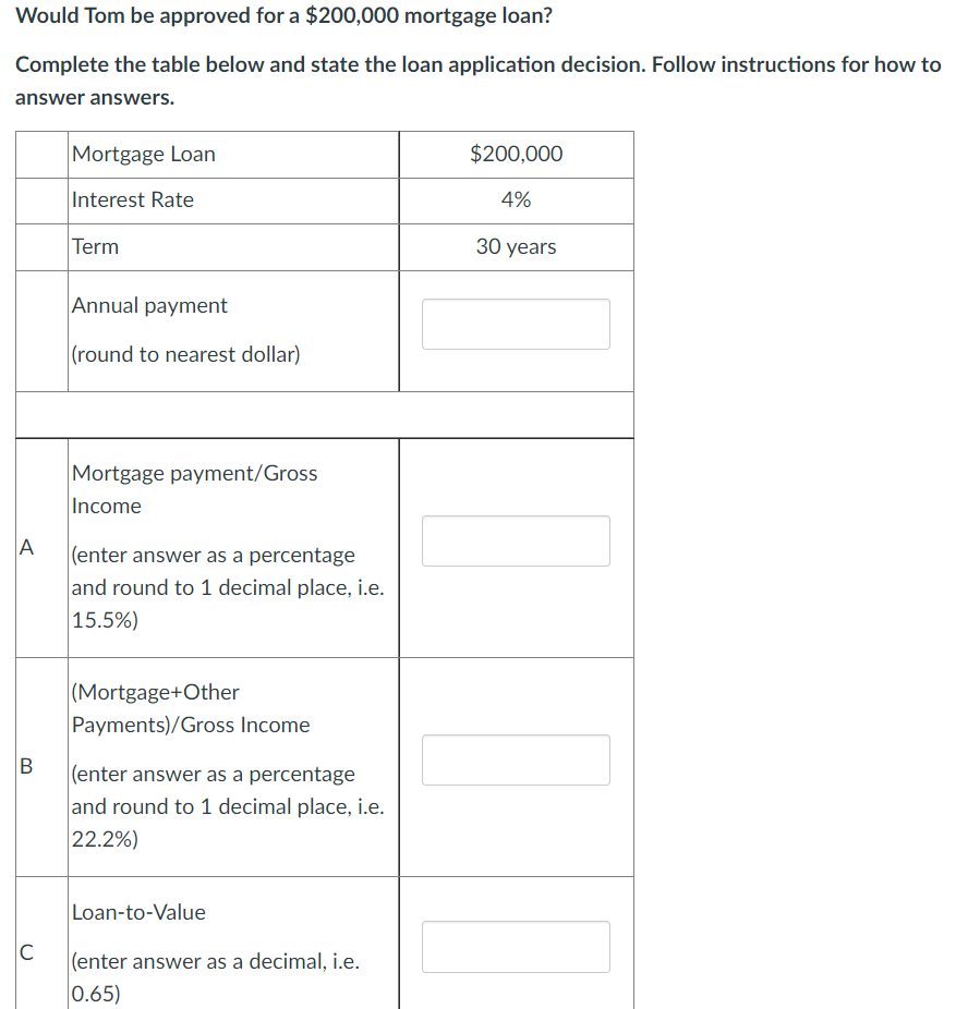 30-year fixed term, 4% fixed rate, annual payments Following conditions must be