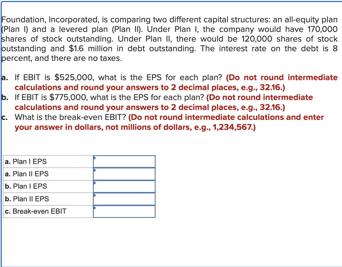  Foundation, Incorporated, is comparing two different capital structures: an all-equity plan