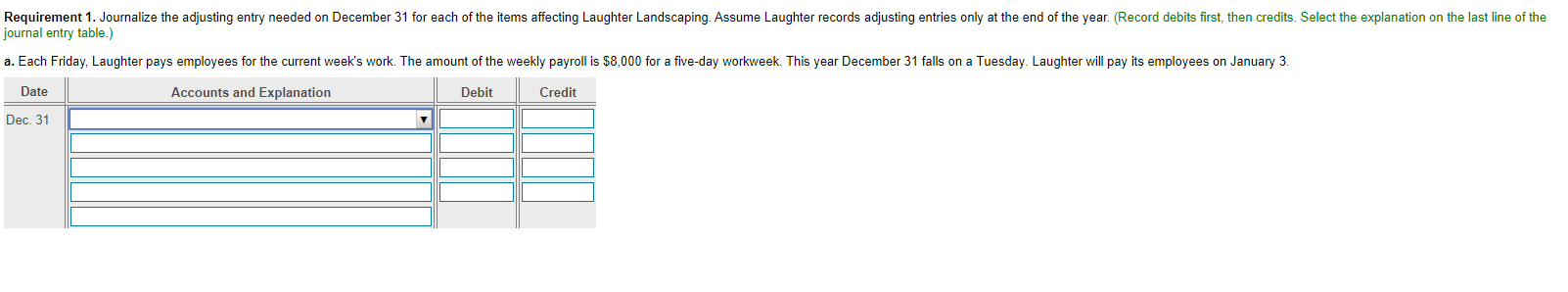 a. Each Friday, Laughter pays employees for the current week's work.