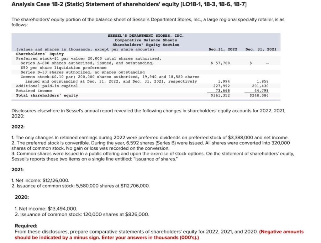 Analysis Case 182 (Static) Statement of shareholders' equity [LO18-1, 18-3, 18-6,