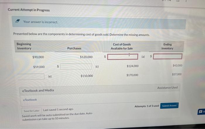  Current Attempt in Progress Your answer is incorrect. Presented below are
