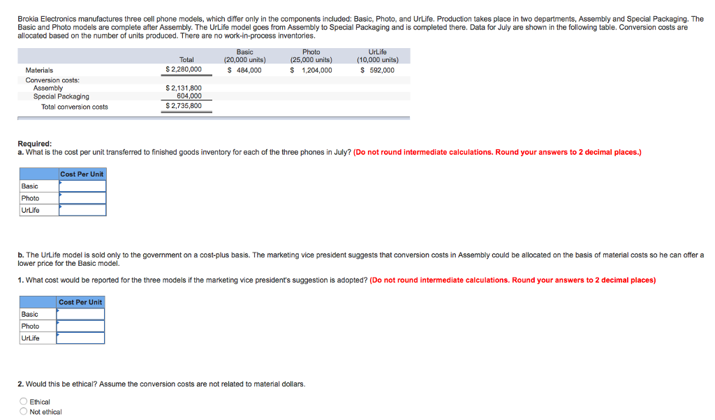  Brokia Electronics manufactures three cell phone models, which differ only in