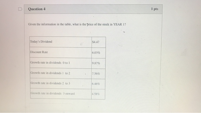  Question 4 1 pts Given the information in the table, what