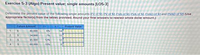 Exercise 5-3 (Algo) Present value; single amounts [LO5-3] Determine the present