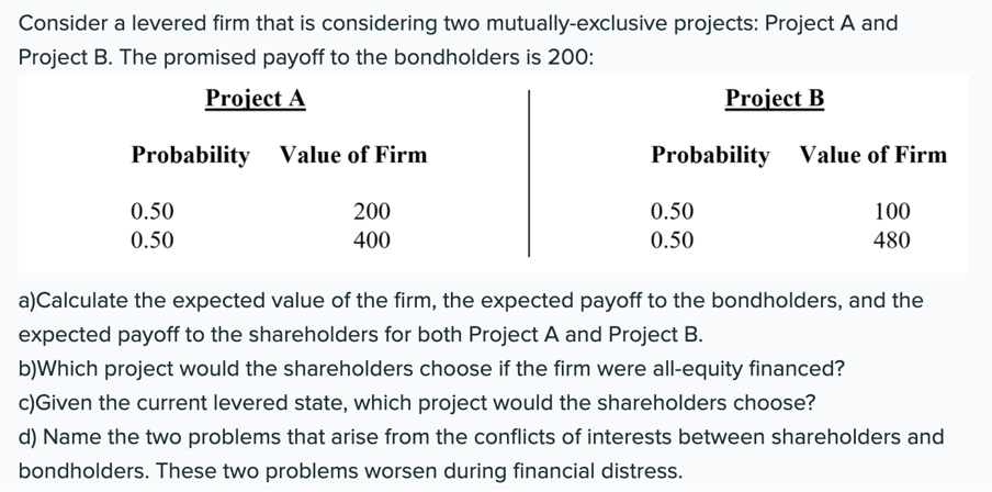  Consider a levered firm that is considering two mutually-exclusive projects: Project
