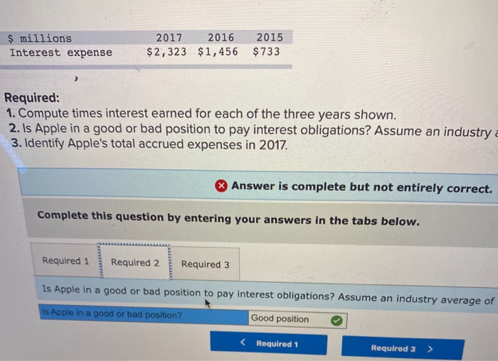 2015 $ 733 Required: 1. Compute times interest earned for each of