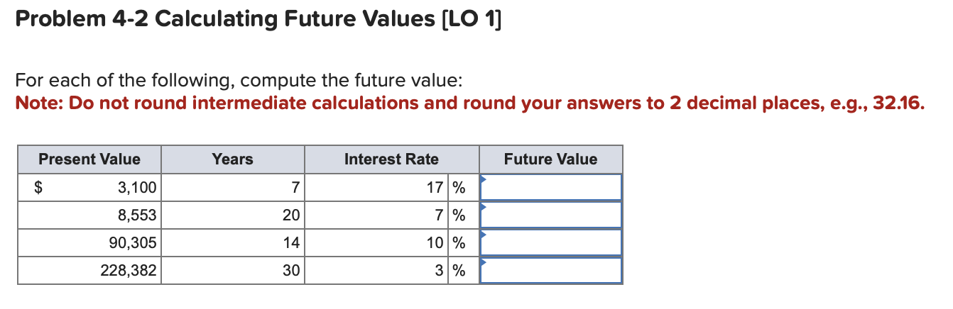  Problem 4-2 Calculating Future Values [LO 1] For each of the