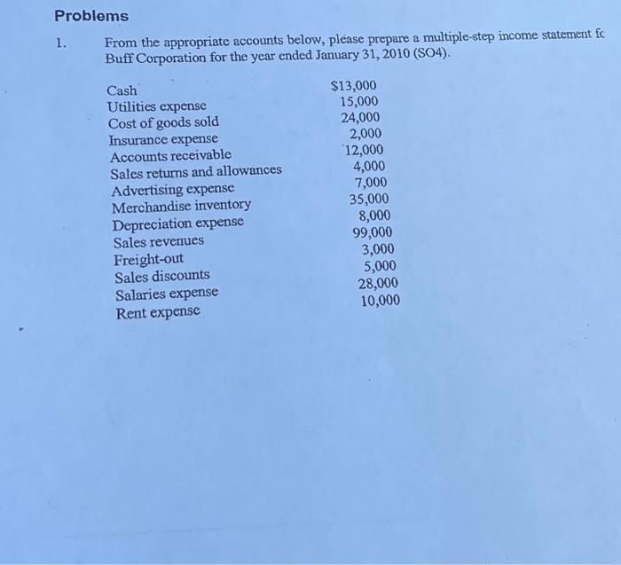  Problems 1. From the appropriate accounts below, please prepare a multiple-step