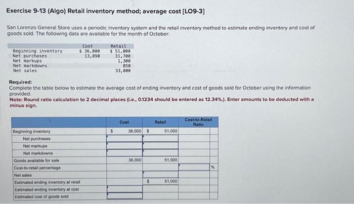  Exercise 9-13 (Algo) Retail inventory method; average cost [LO9-3] San Lorenzo