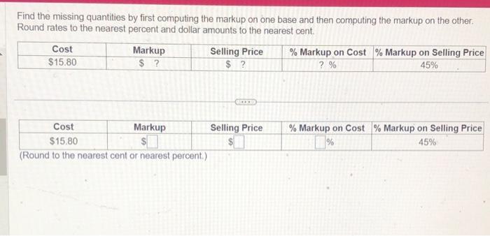  Find the missing quantities by first computing the markup on one