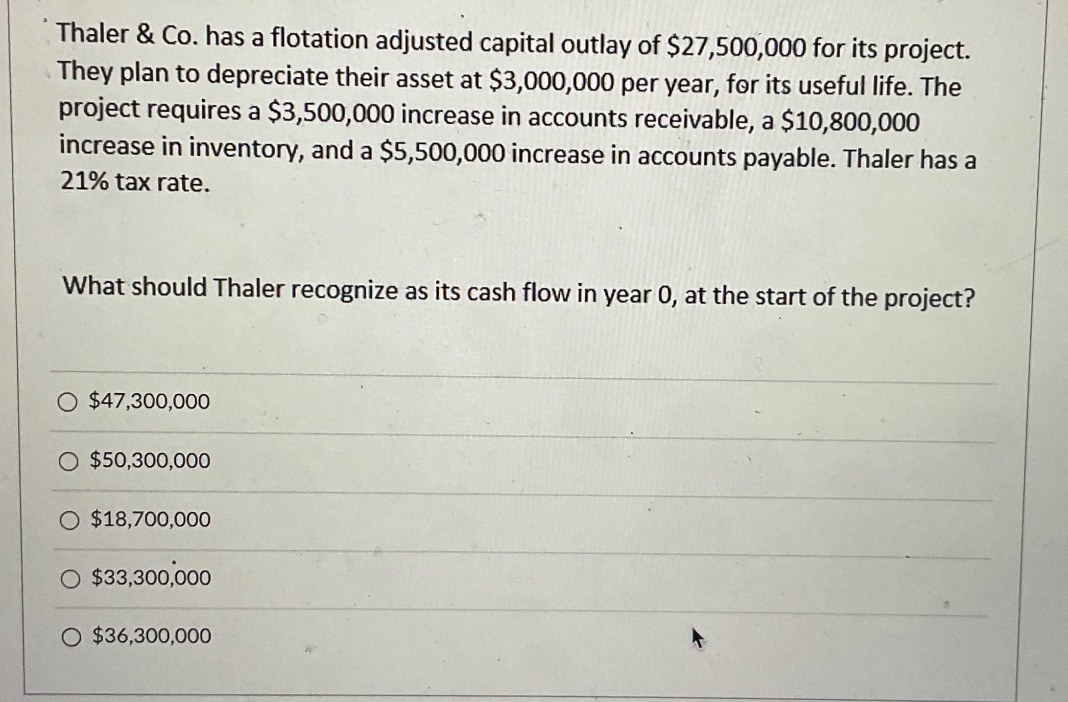  Thaler & Co. has a flotation adjusted capital outlay of $27,500,000