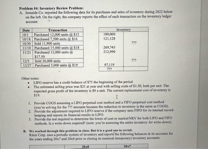  Problem \#4: Inventory Review Problem: A. Ironside Co. reported the following