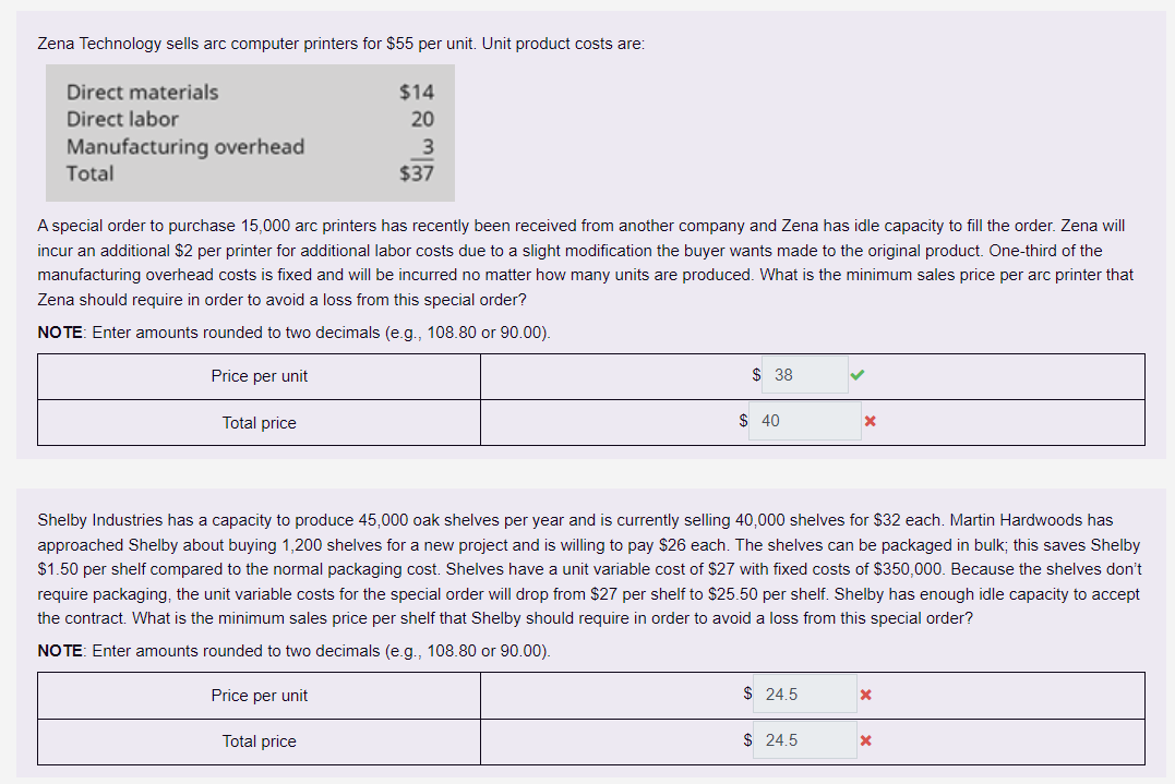Zena Technology sells arc computer printers for $55 per unit. Unit
