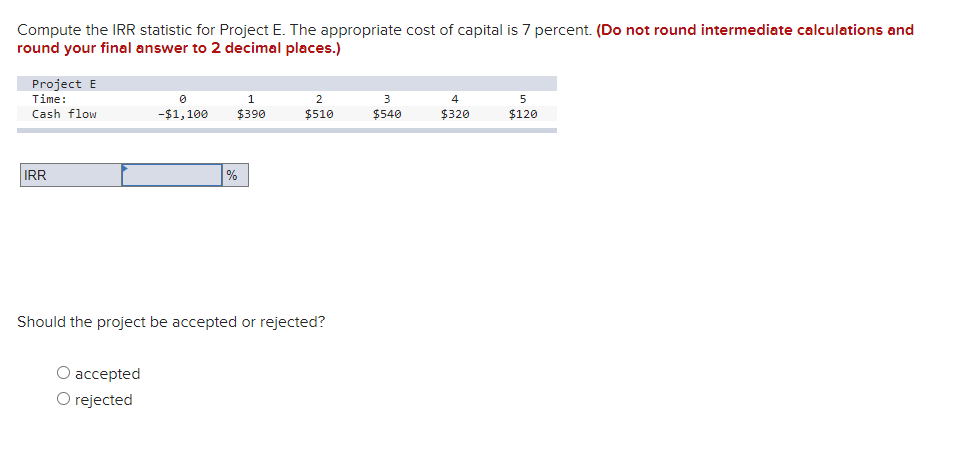 Compute the IRR statistic for Project E. The appropriate cost of