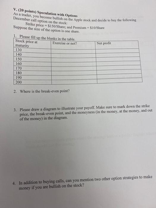  V. (20 points) Speculation with Options As a trader, you become