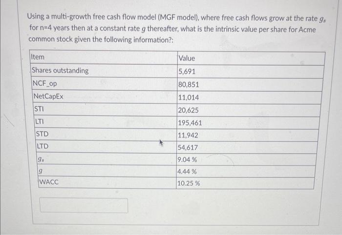  Using a multi-growth free cash flow model (MGF model), where free