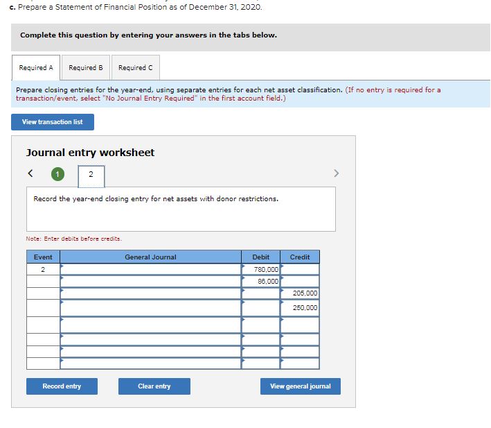 net asset classification. (If no entry is required for a ransaction/event, select