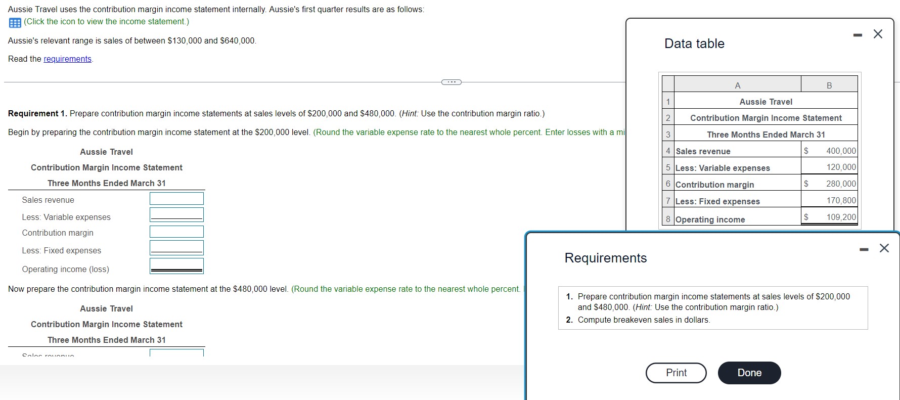 Read the requirements. Requirement 1. Prepare contribution margin income statements at