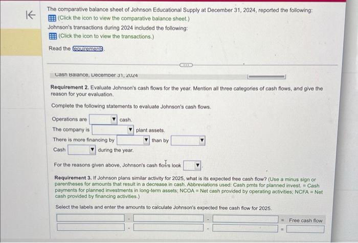 expected free cash flow? The comparative balance sheet of Johnson Educational Supply