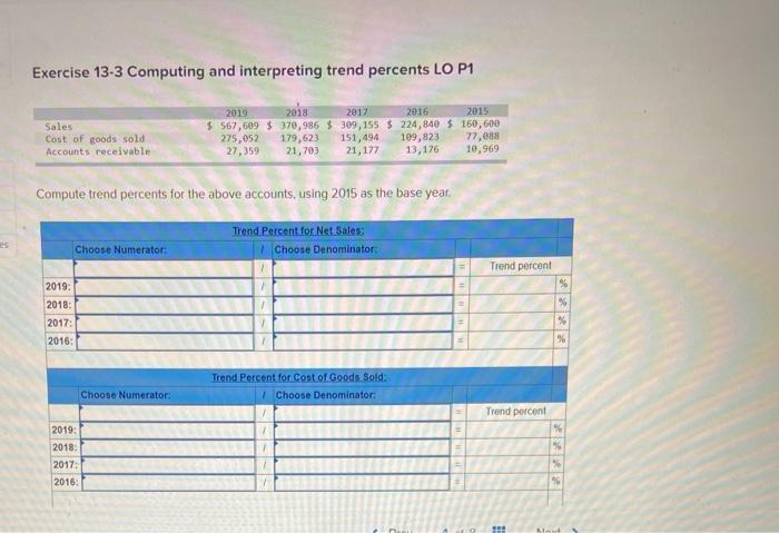  Exercise 13-3 Computing and interpreting trend percents LO P1 2018 2015