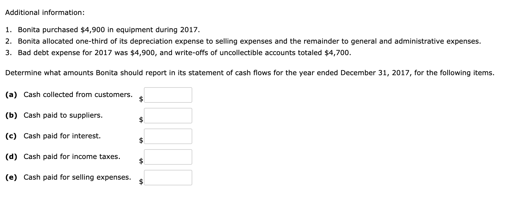 cash flows. Bonita trial balances at December 31, 2017 and 2016, are