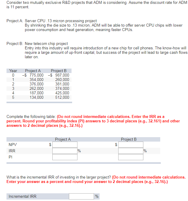  Consider two mutually exclusive R&D projects that ADM is considering. Assume