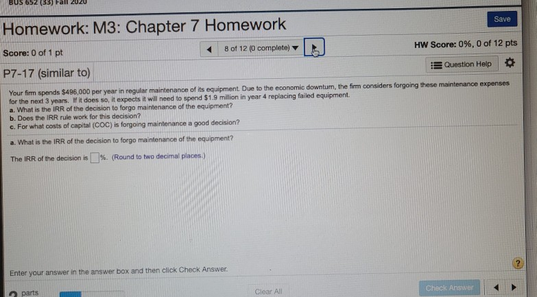  Answer A through C BUS 652 (53) Save Homework: M3: Chapter