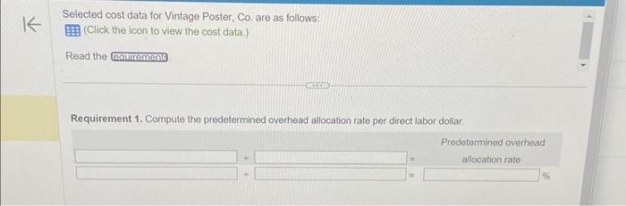 year. Selected cost data for Vintage Poster, Co, are as follows: (Click