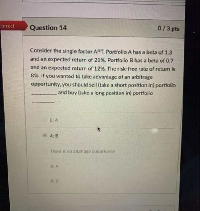  correct Question 14 0/3 pts Consider the single factor APT. Portfolio