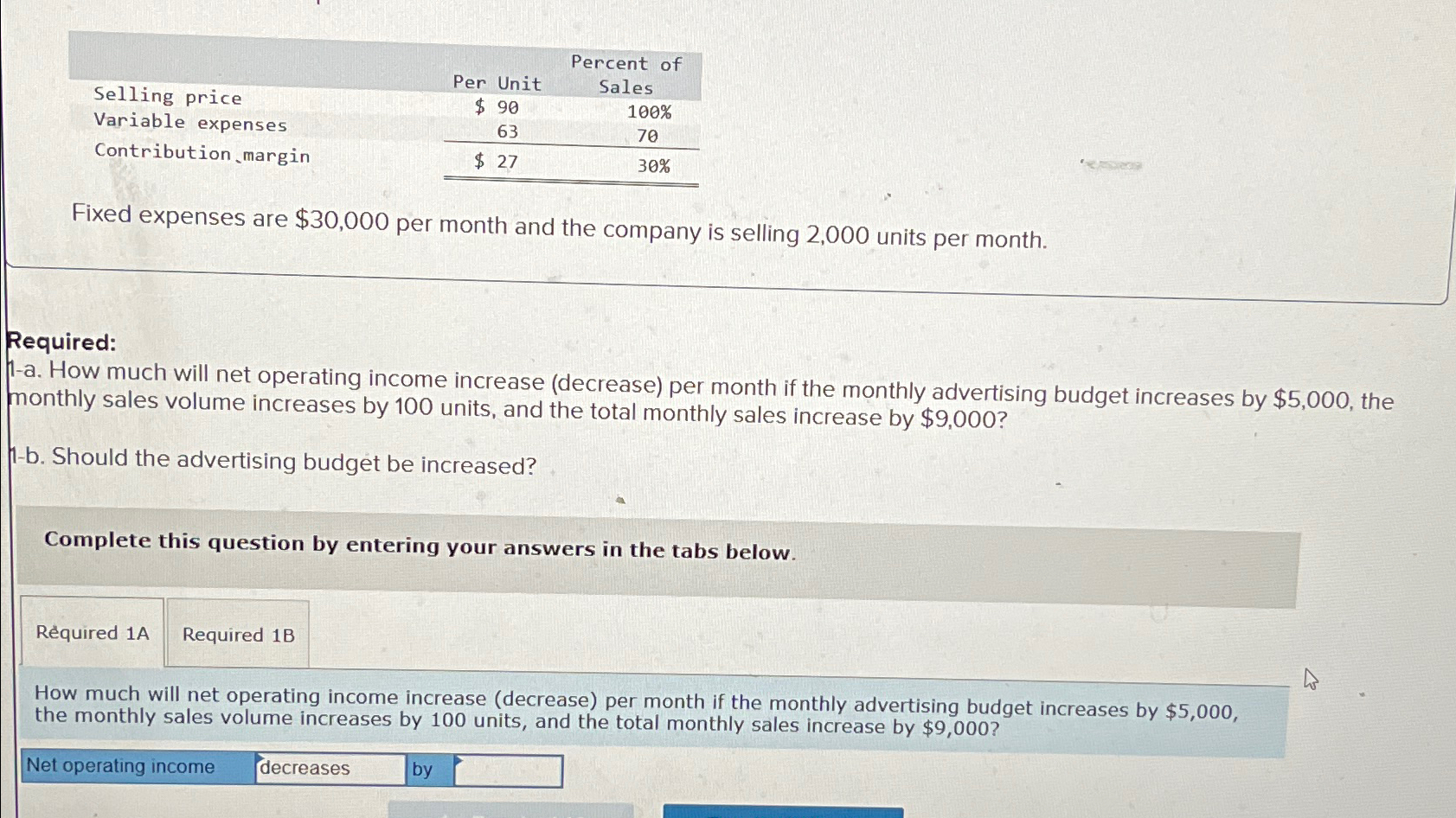  \table[[,,Percent of],[Selling price,Per Unit,Sales],[Variable expenses,$90,100% 